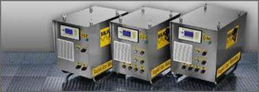 Três máquinas de solda Rapid Arc Welding da Silicon, em aço inox com painéis digitais